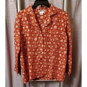 100% Silk Red White Blouse Winter Silks Button Long Sleeve Petite Med